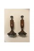Home Decor | 1925 Antique English Oak Wood Metal Top Candlesticks- a Pair - OE89685