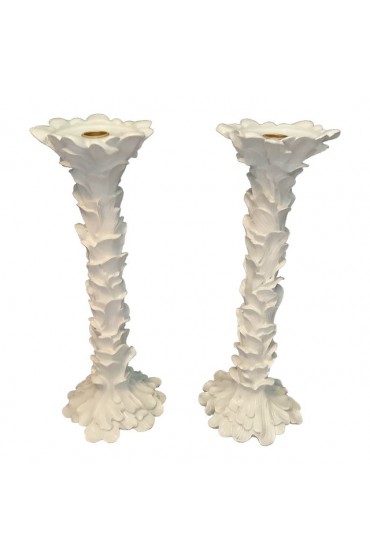 Home Decor | Tall White Leaf Candle Stick Holders - a Pair - EK87115
